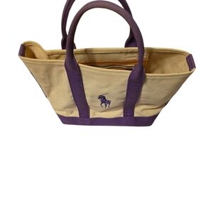 Ralph Lauren Logo Canvas Boat Tote Cream and Purple Trim Small